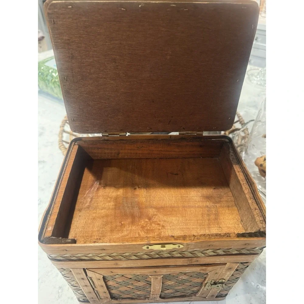 Vintage Bamboo Brass Wood Box Woven Storage Container Handmade Artisan Crafted.
